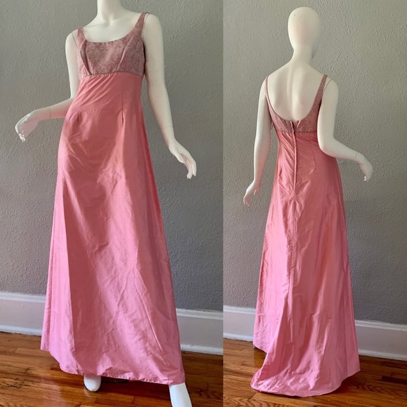 NOS Vintage WEDDING Pink SILK Empire Bridal DAMASK Formal Prom Dress XS - Picture 1 of 11